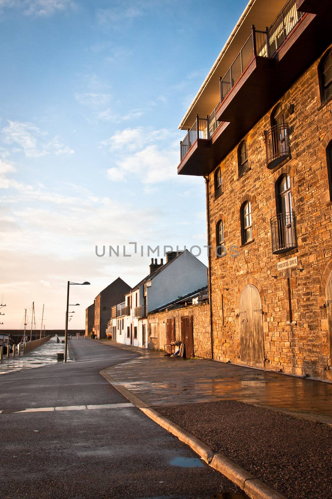 Buildings at Burghead harbour in Scotland in winter