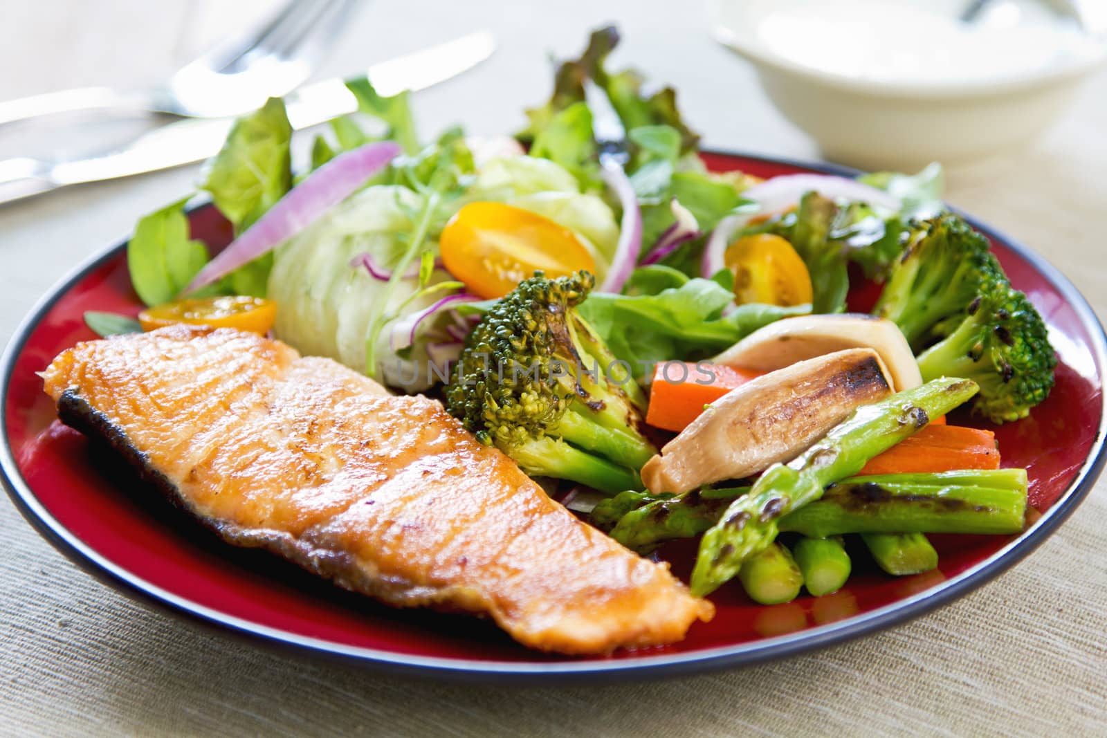 Salmon steak with sauteed vegetables and slad