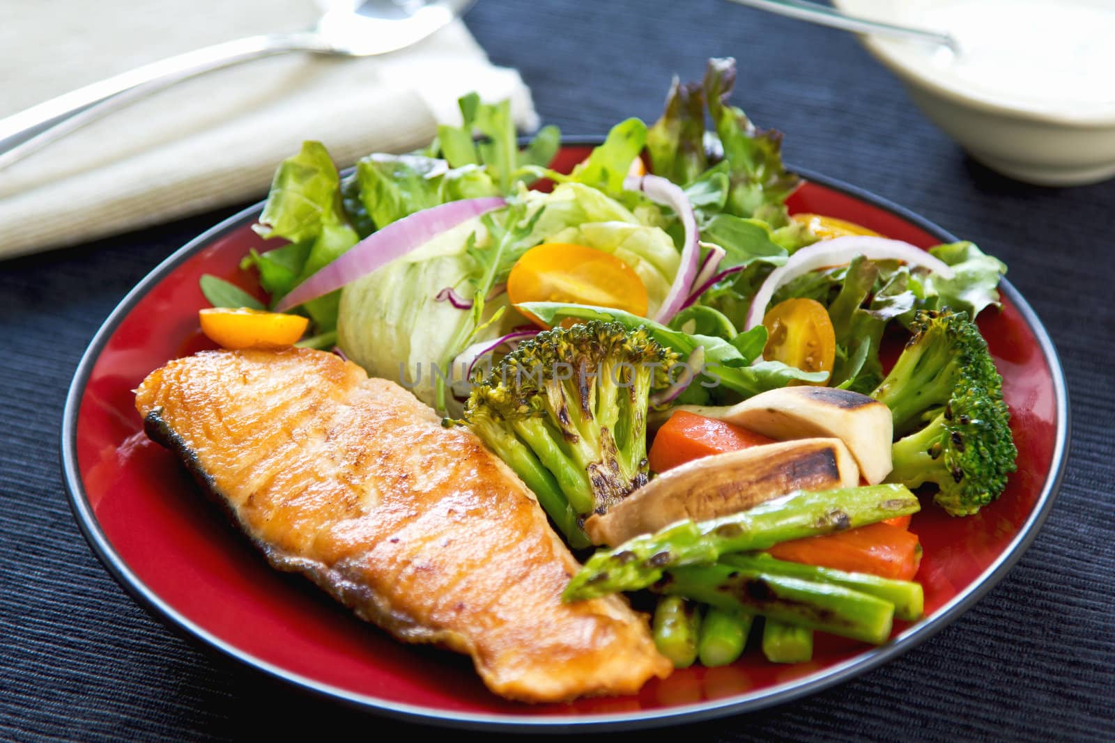 Salmon steak with sauteed vegetables and slad