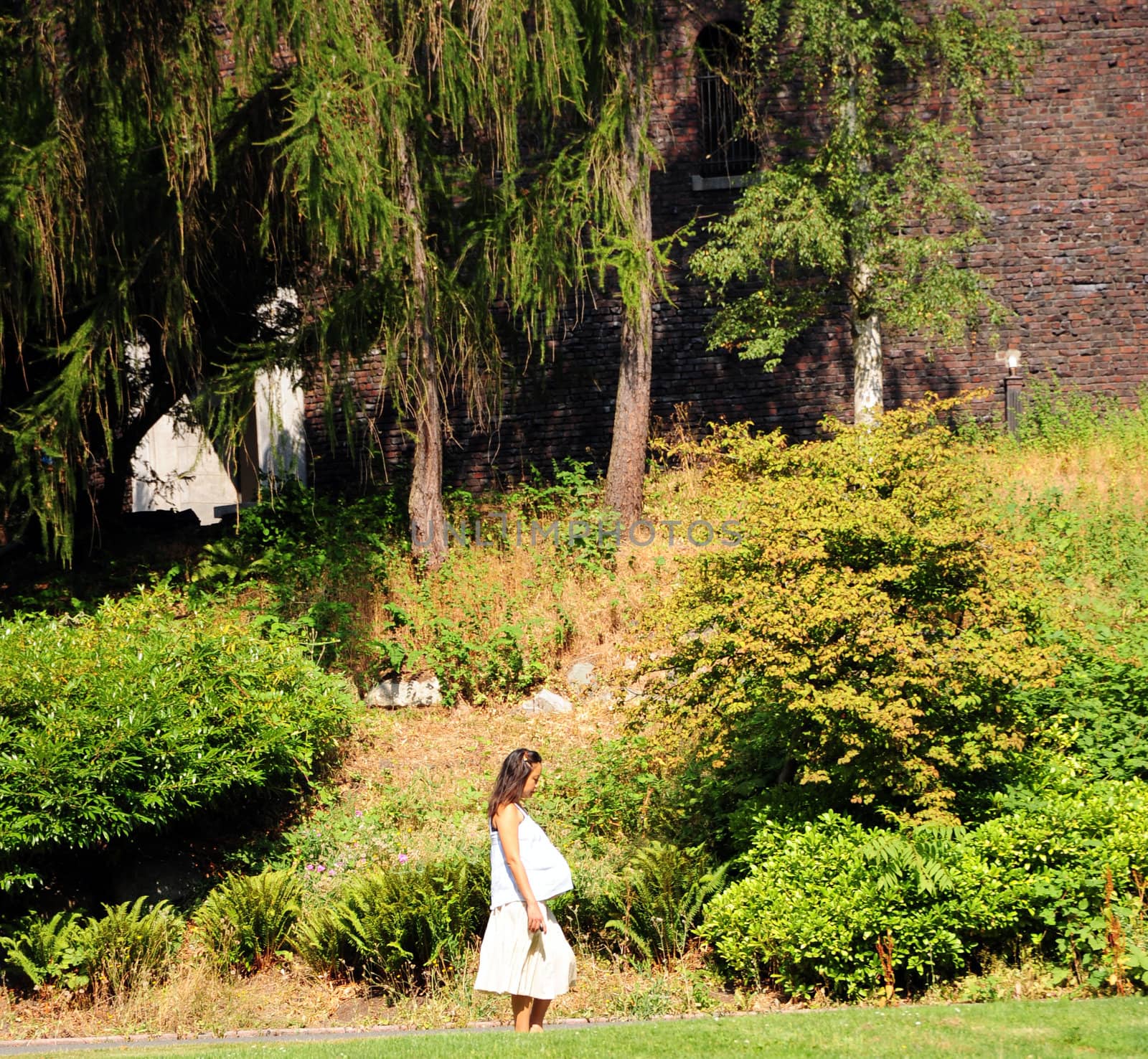 Pregnant woman walking in a public park.