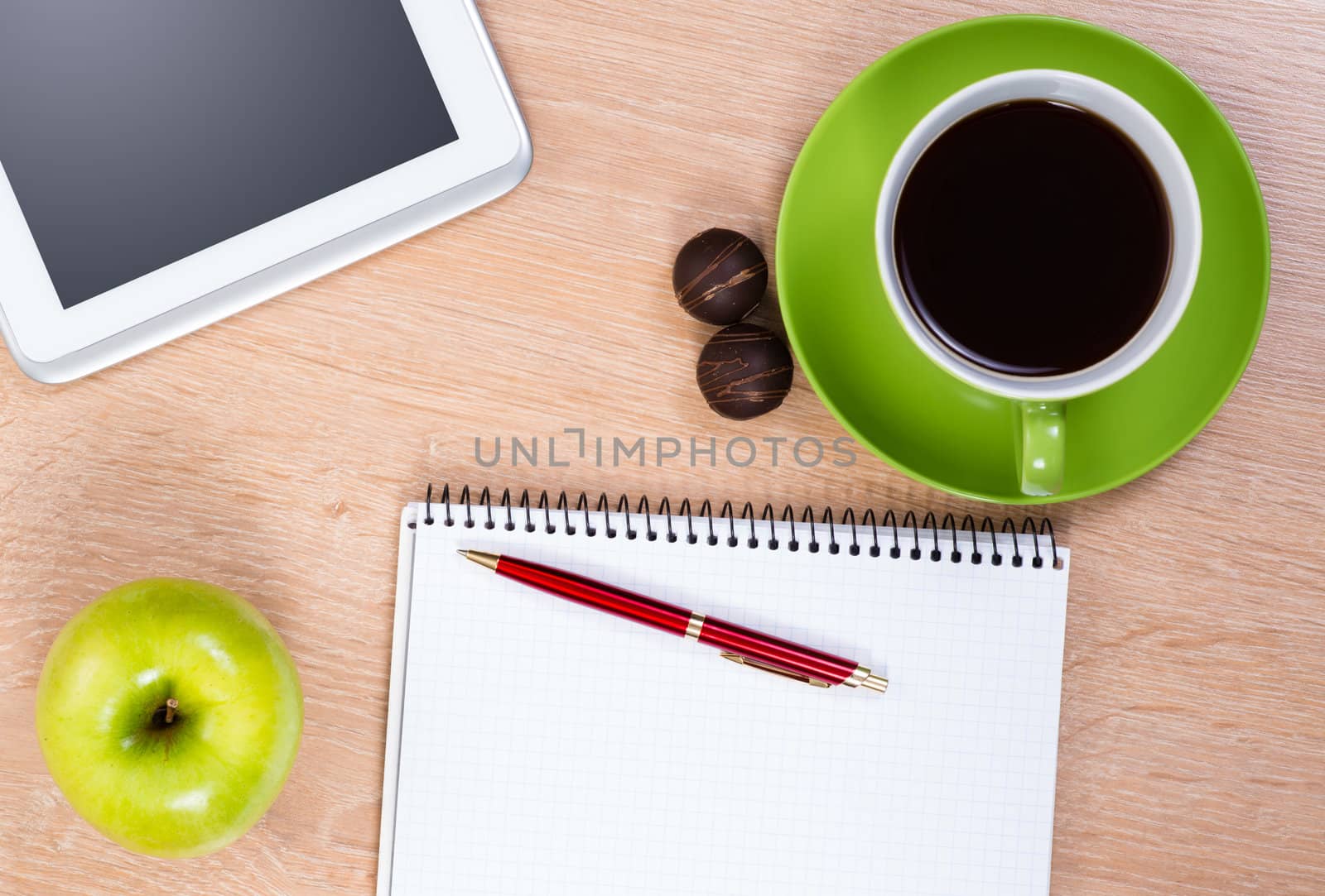 pen, coffee, notepad and tablet, workplace businessman