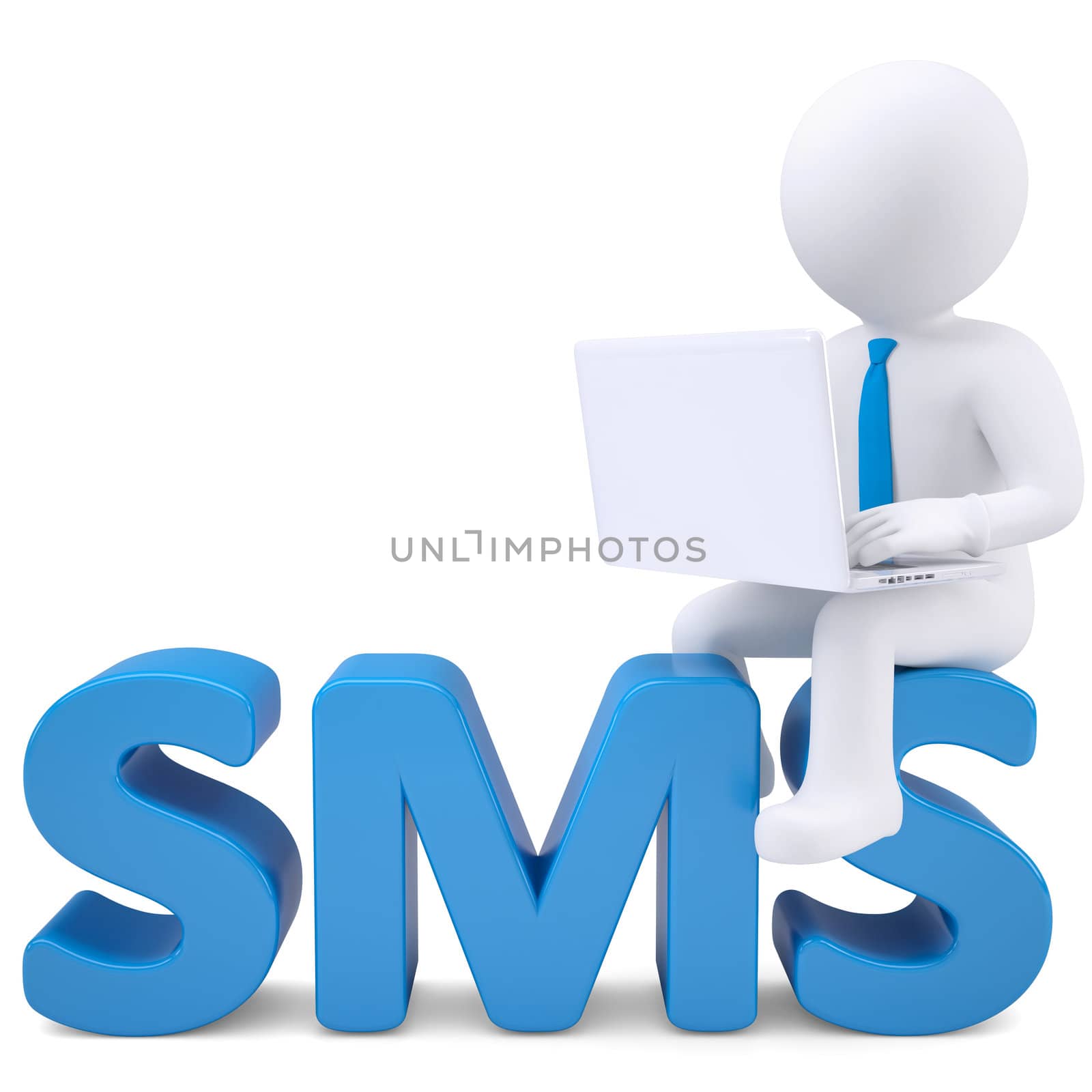 3d white man with a laptop sitting on the word SMS by cherezoff