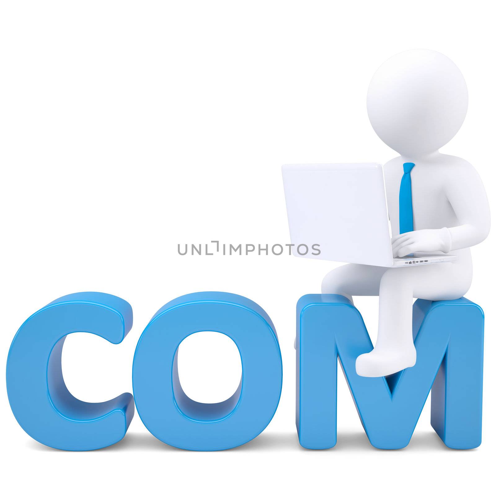 3d white man with laptop sitting on the word COM by cherezoff
