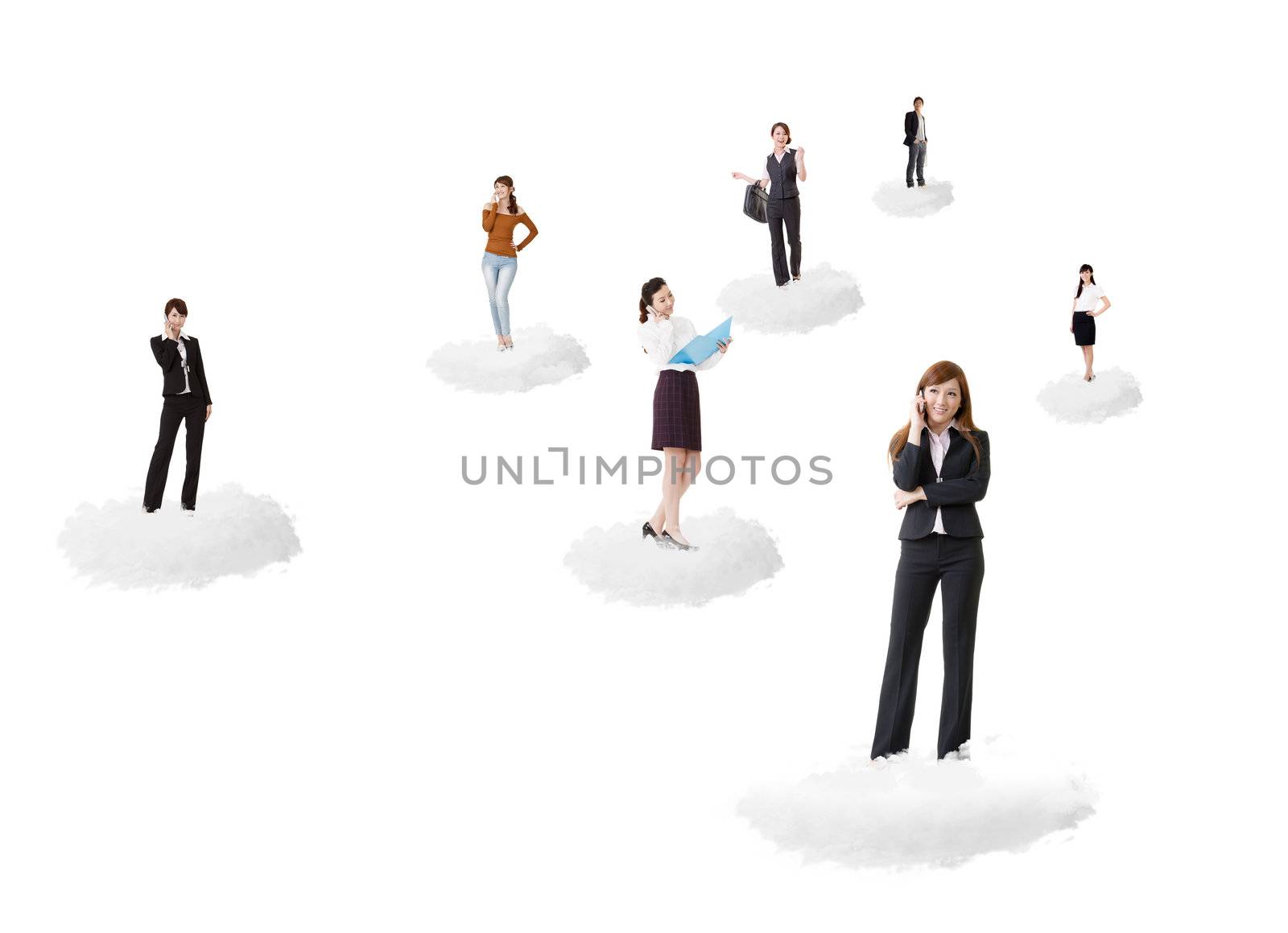Business network, Asian business people use mobile phone to communicate to each other on white background.