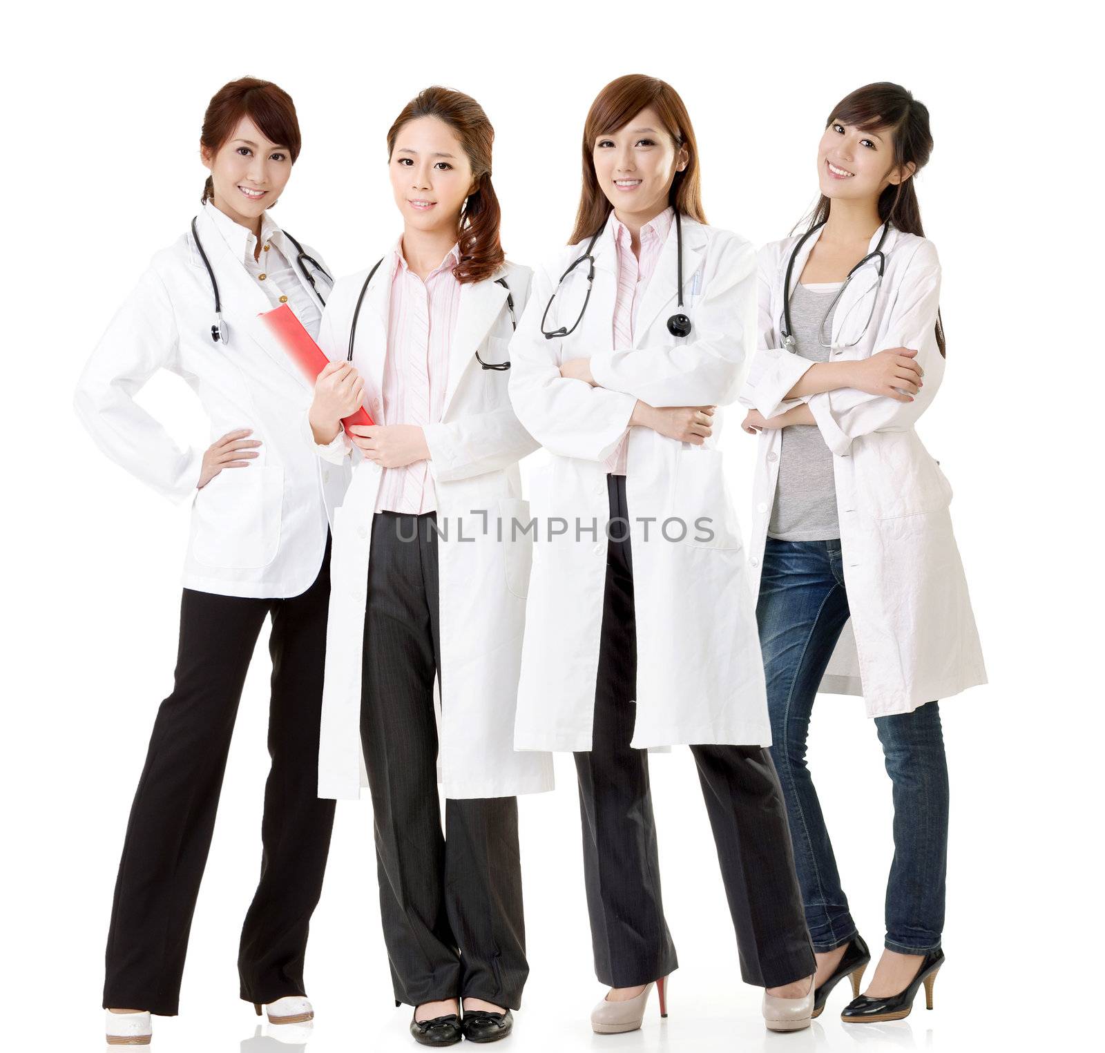 Asian doctor team, group of people about healthy and medical concepts isolated on white background.