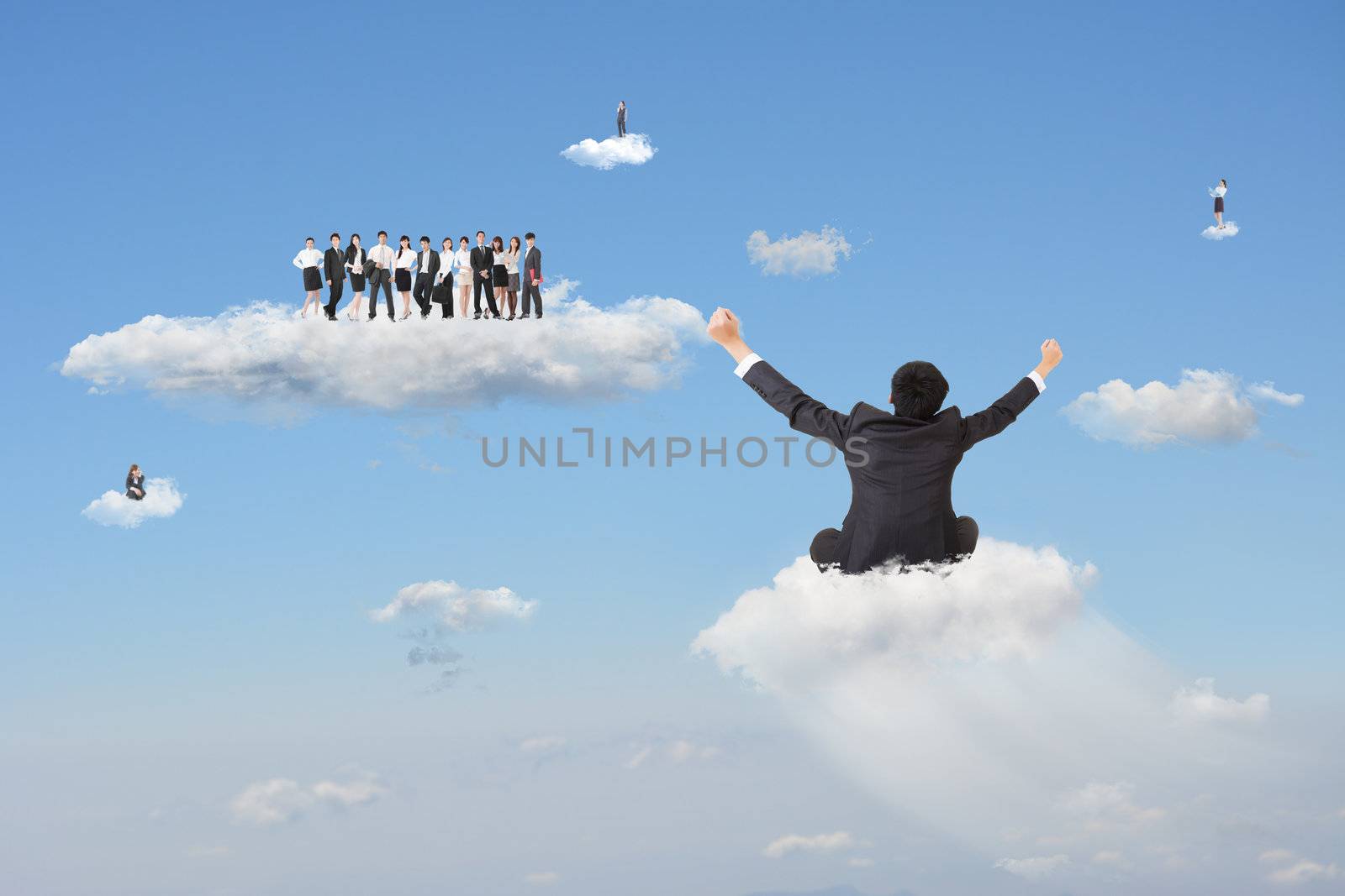 Businessman sit on cloud and going to join the team in cloudy sky. Concept about cloud business, team work, or positivity.