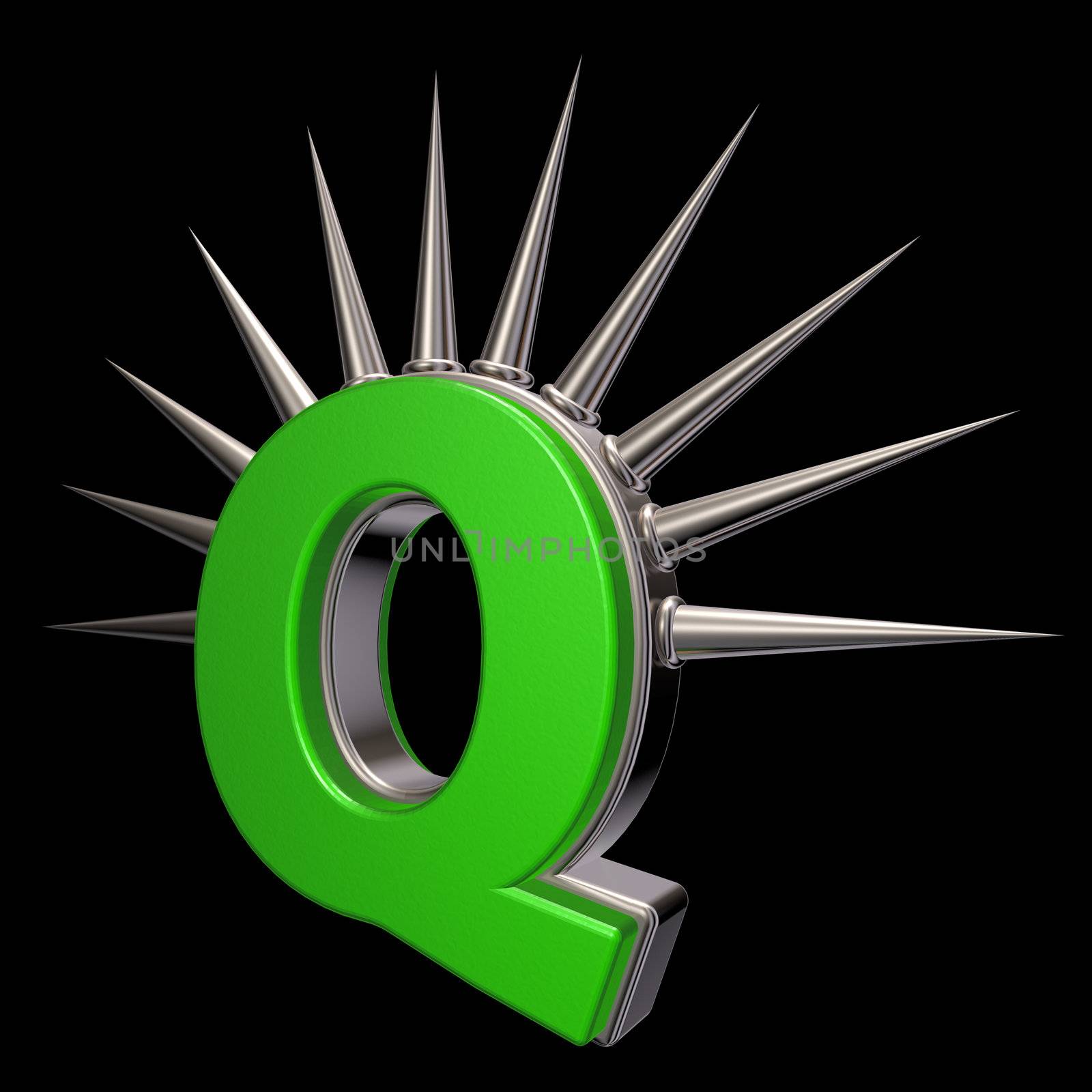 letter q with metal prickles on black background - 3d illustration