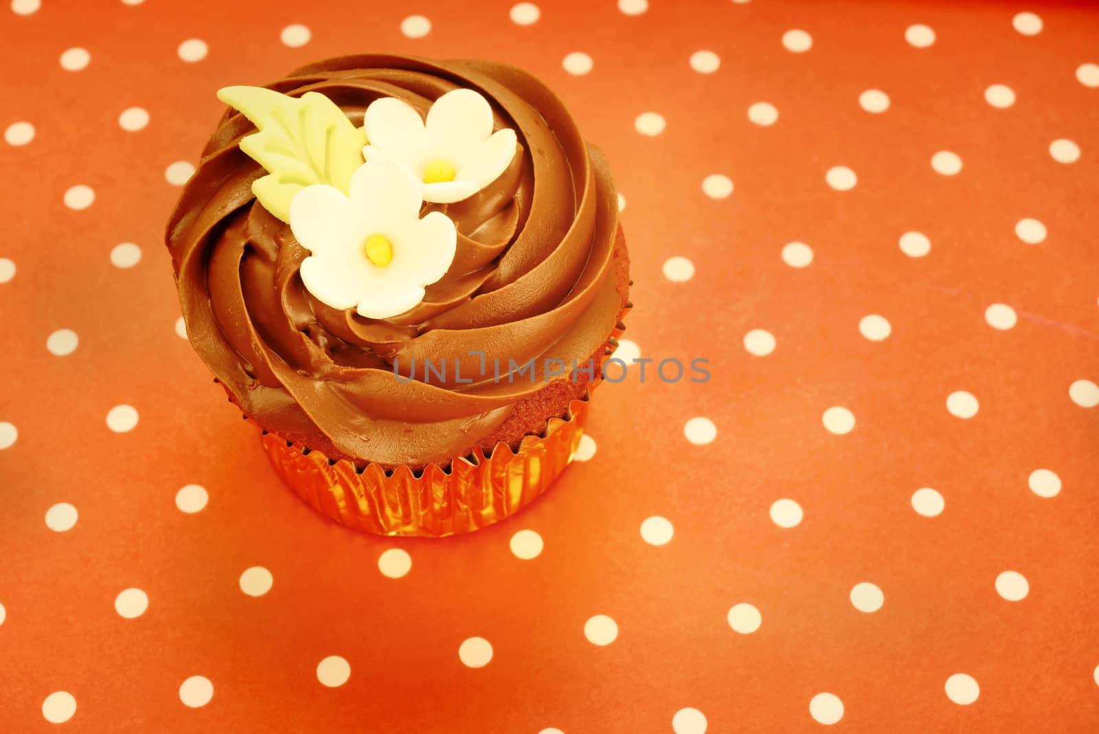 chocolate cupcake decorated with flowers in brown polka dot background