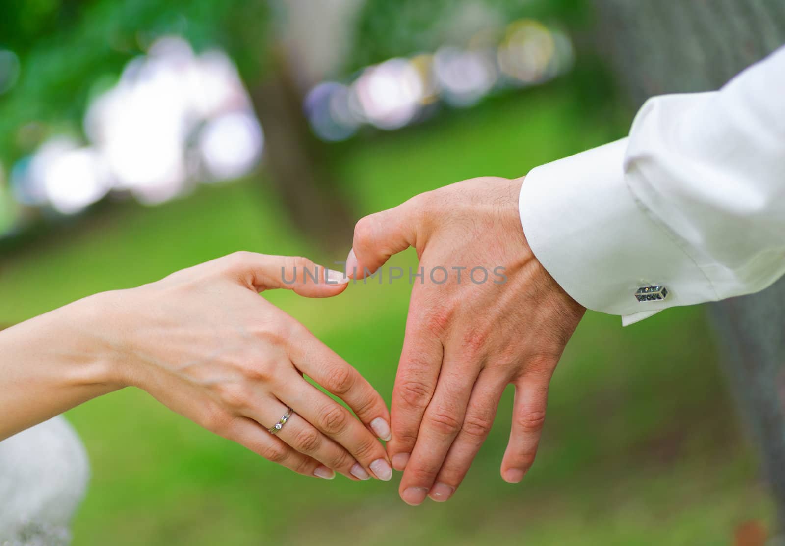 wedding couple showing shape of heart from their hands. single whole from man and woman. 