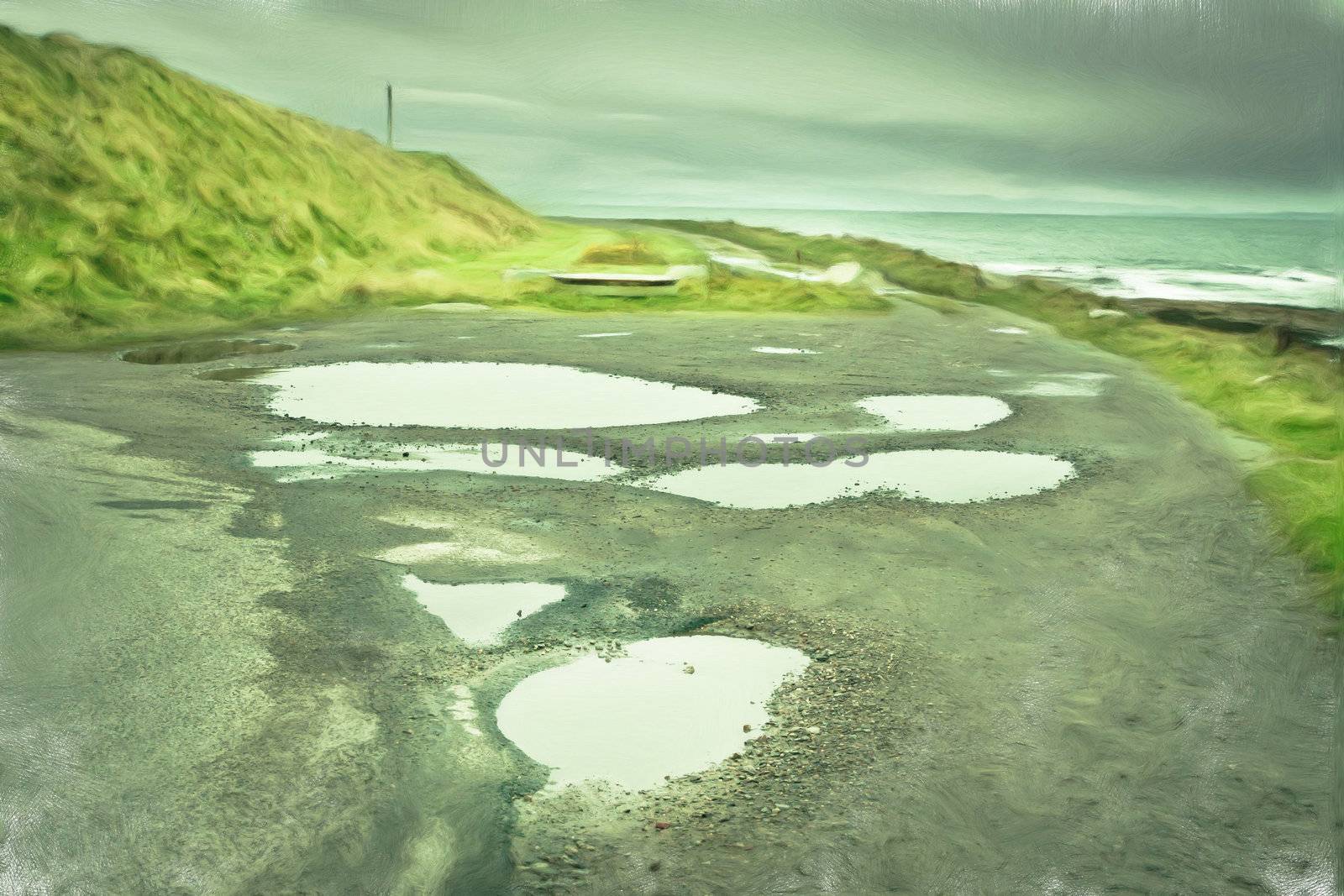 Puddles of rainwater in potholes in Scotland