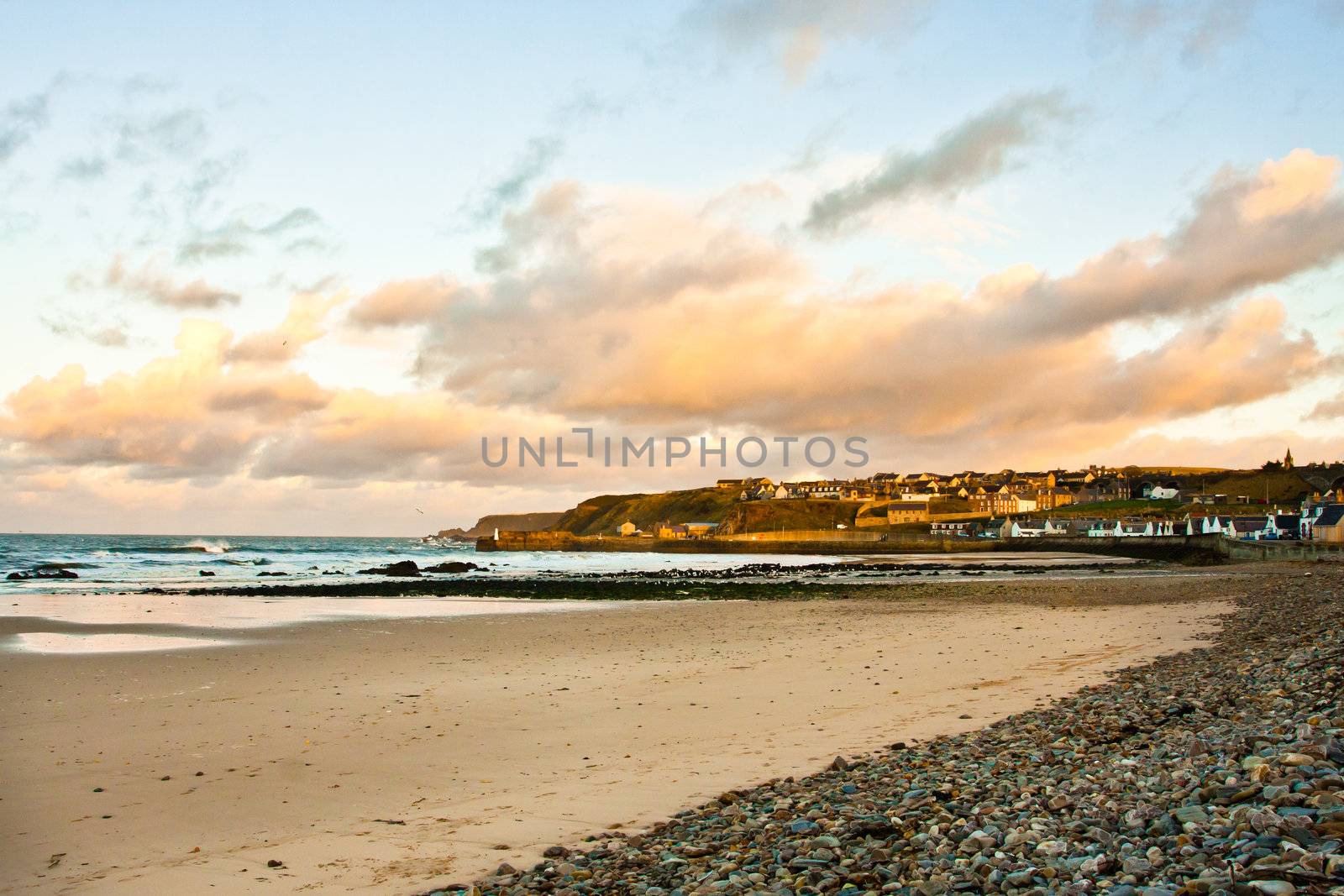 Cullen beach in scotland in winter at low tide