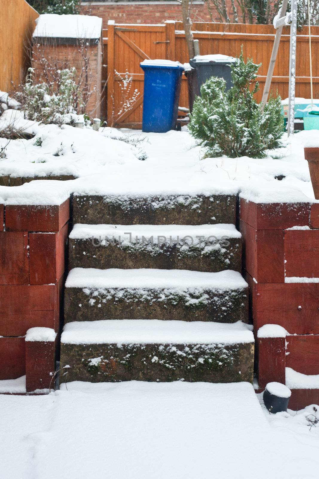 Snow in a garden in the UK