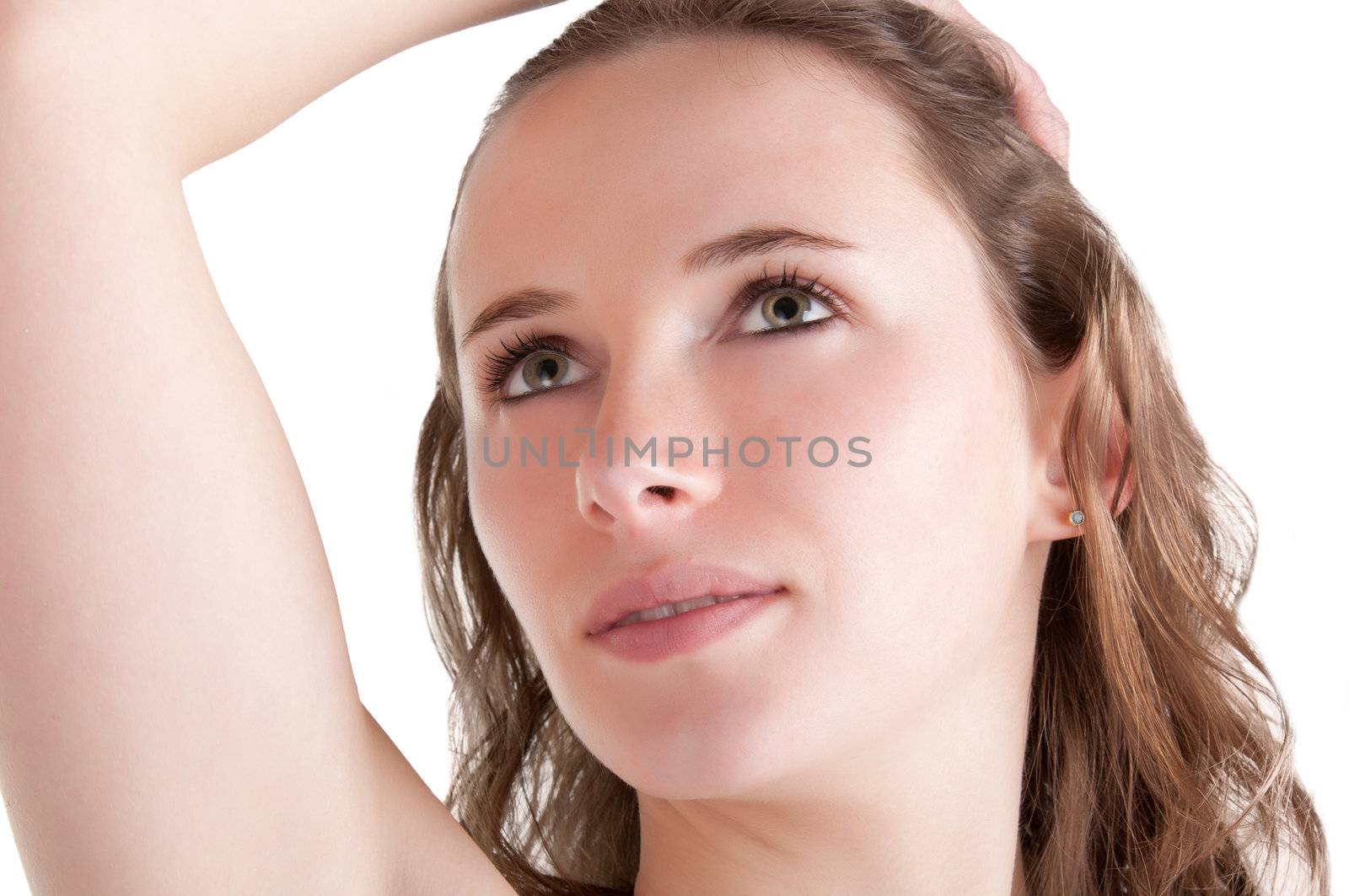 Portrait of young woman on a white background