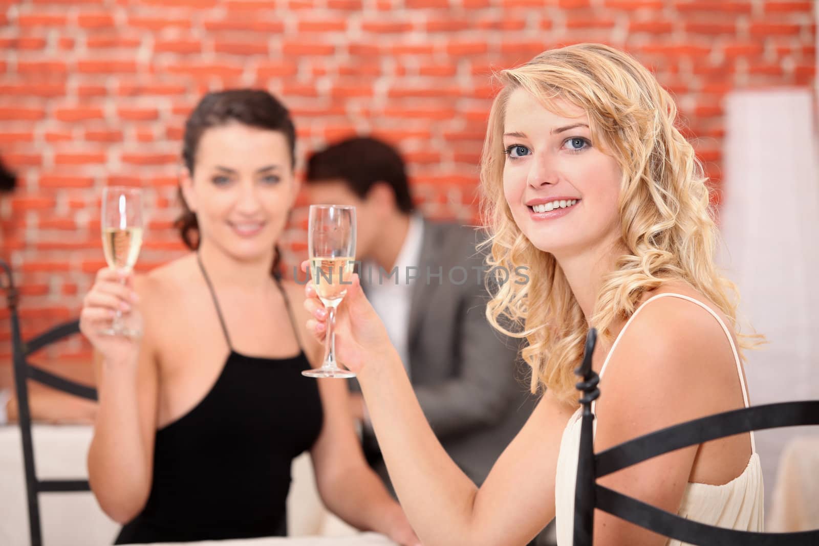 Two girlfriends drinking wine in a restaurant
