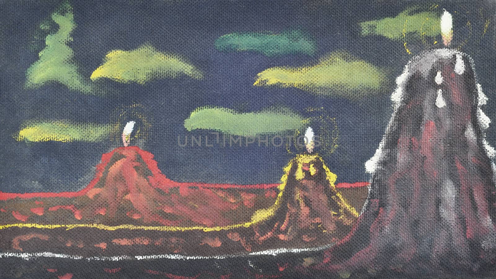 Mountains volcanoes candles. Picture, oil paints, hand-draw painting on canvas