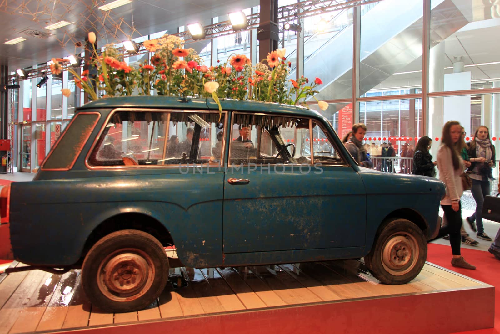 Vintage Fiat Bianchina installation at Salone Internazionale del Mobile - International home furnishing and accessories exhibition