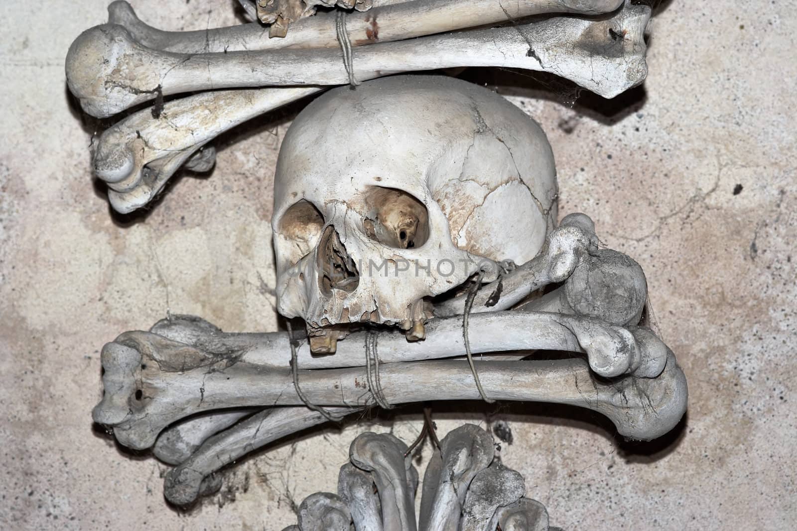 The Sedlec Ossuary is a small Roman Catholic chapel, located beneath the Cemetery Church of All Saints in Sedlec, a suburb of Kutna Hora in the Czech Republic. The ossuary is estimated to contain the skeletons of between 40 000 and 70 000 people, many of whom have had their bones artistically arranged to form decorations and furnishings for the chapel.
Kutna Hora, Sedlec, Czech republic.
