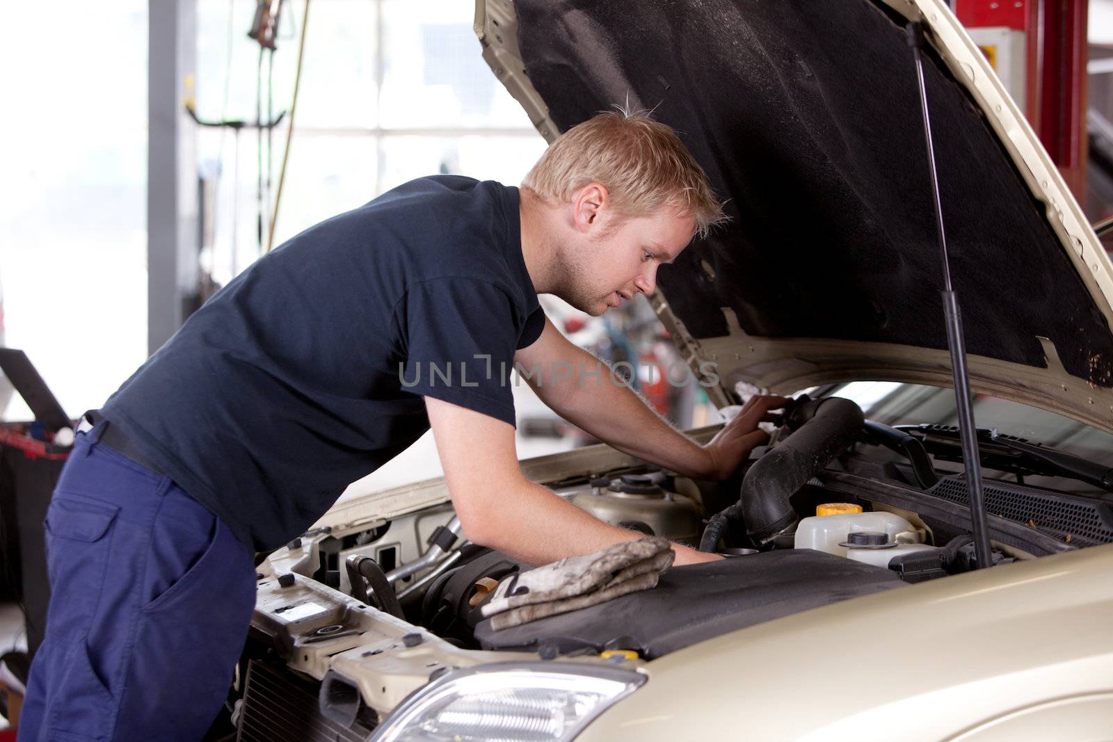 Mechanic Fixing Car by leaf