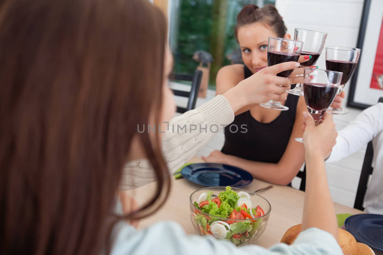 Group of happy female friends toasting together