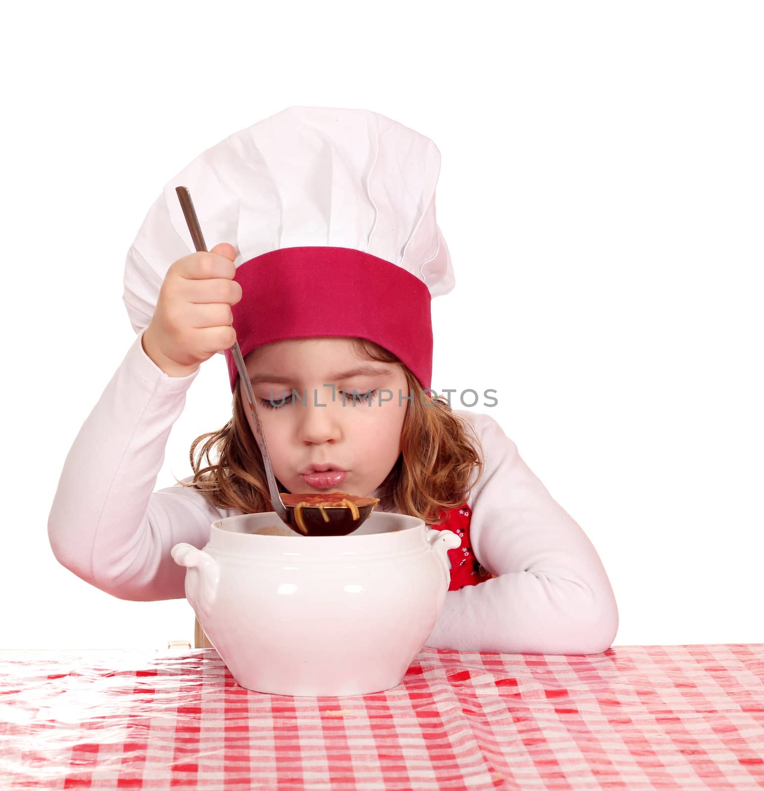little girl cook taste soup by goce