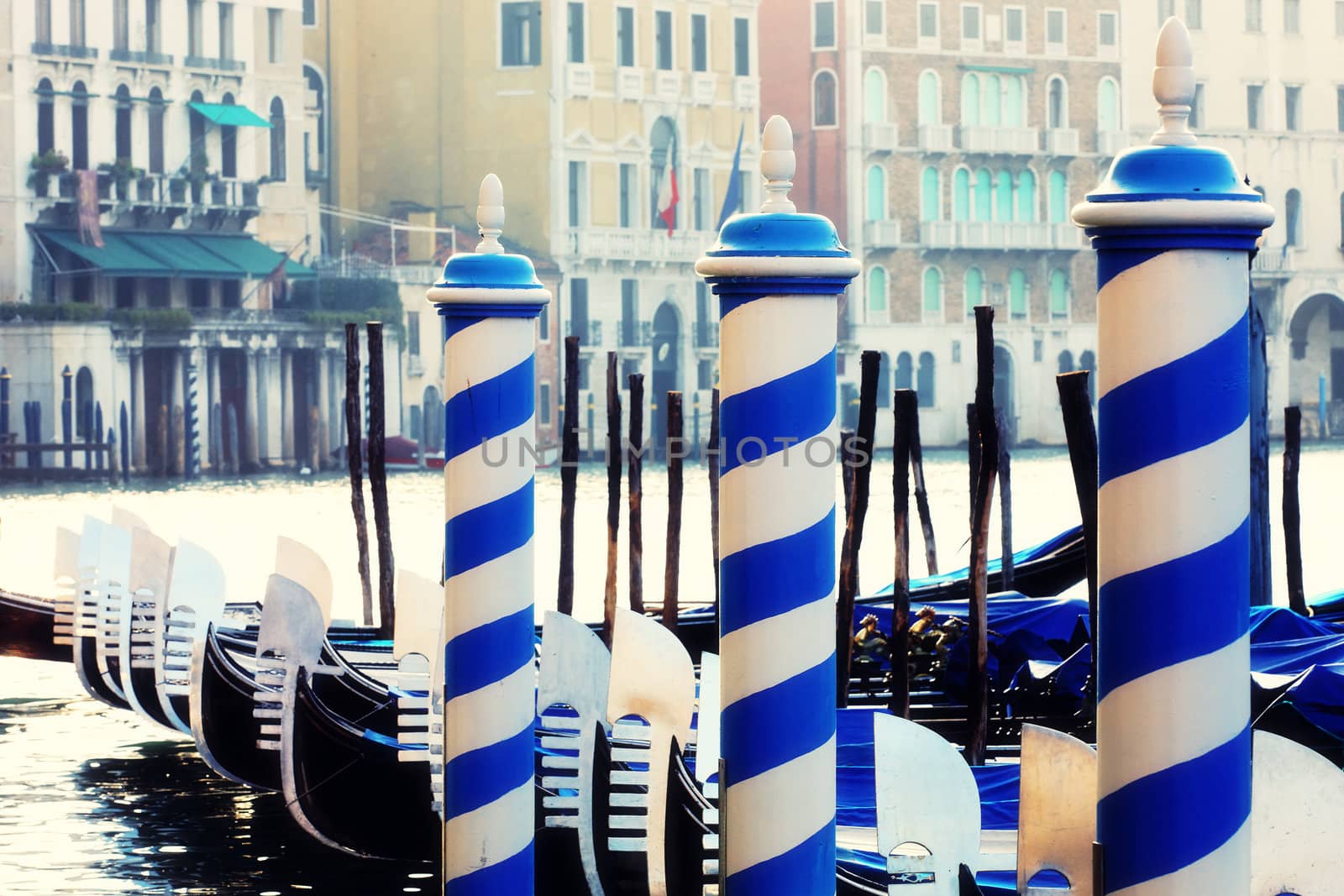 Gondolas in Venice on Grand canal with special photographic processing