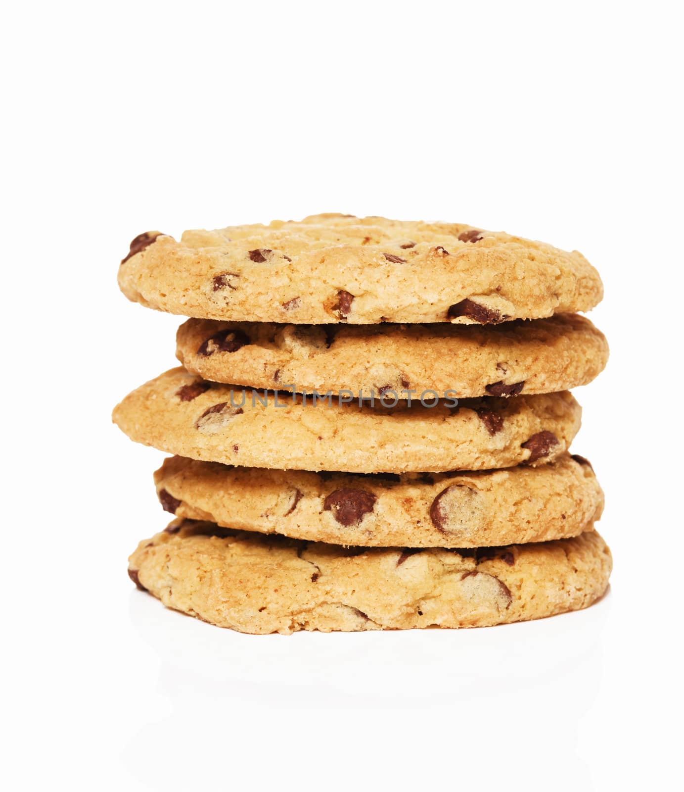 five stacked cookies on white background