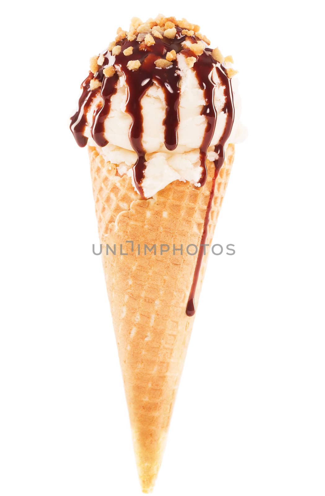 vanilla flavor ice cream in a cone with chocolate sauce and brittle on white background