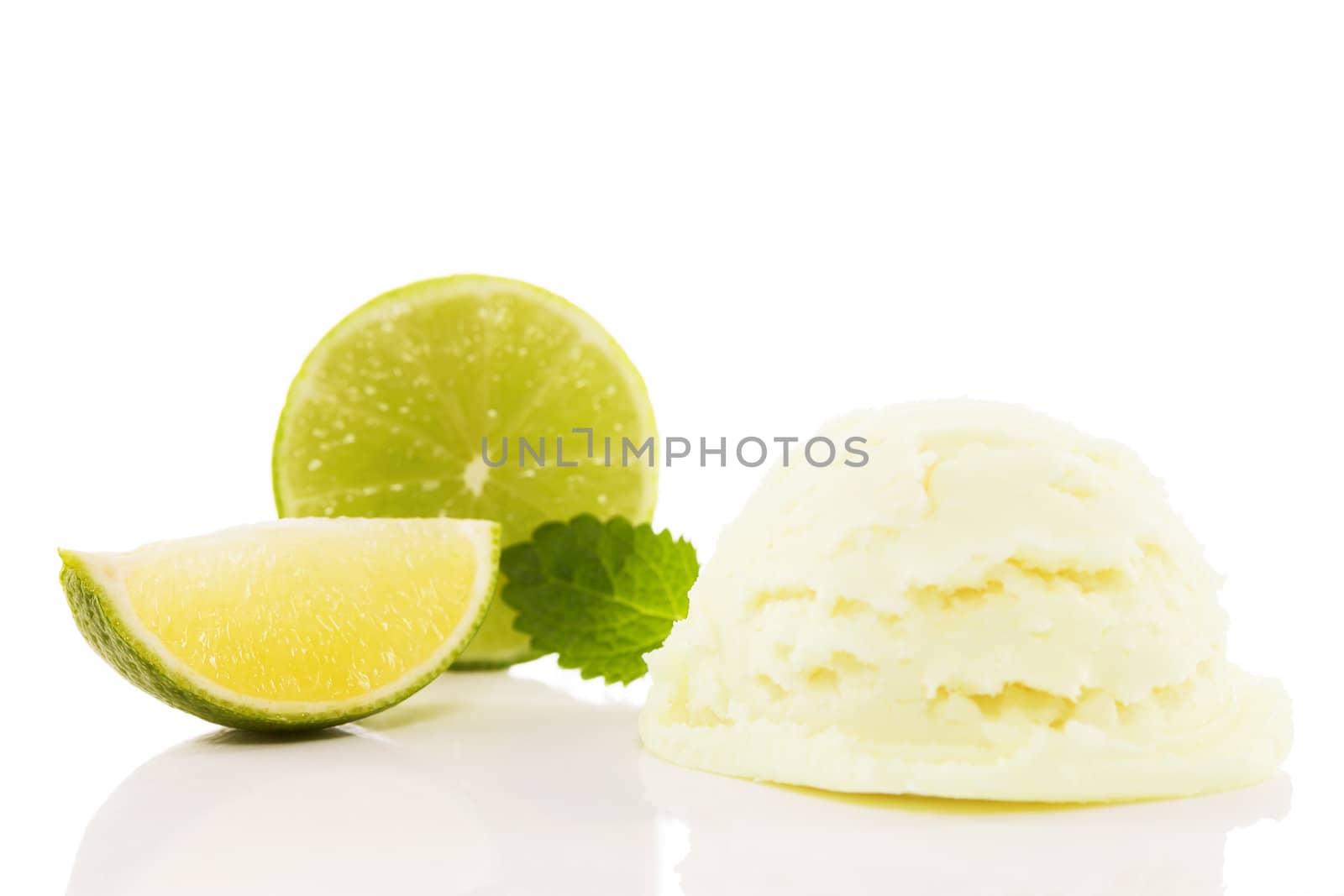 lime flavored ice cream with a lime slice and a lime blade and melissa on white background
