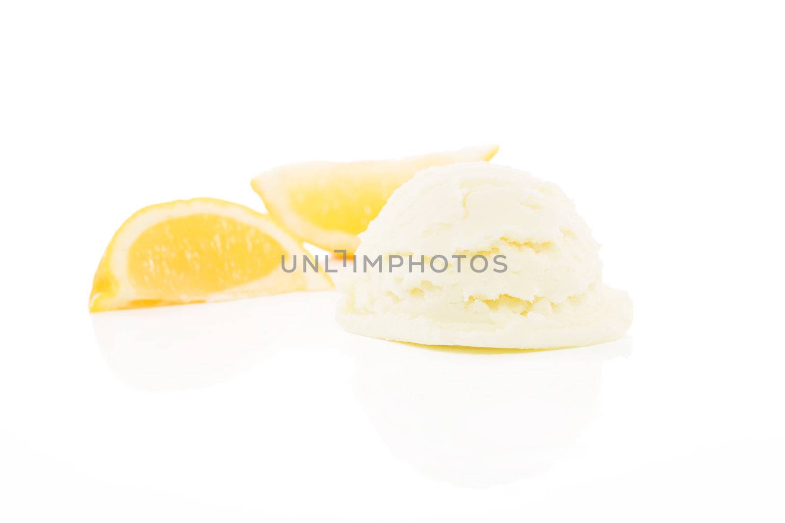 lemon flavored ice cream with lemon slices on white background