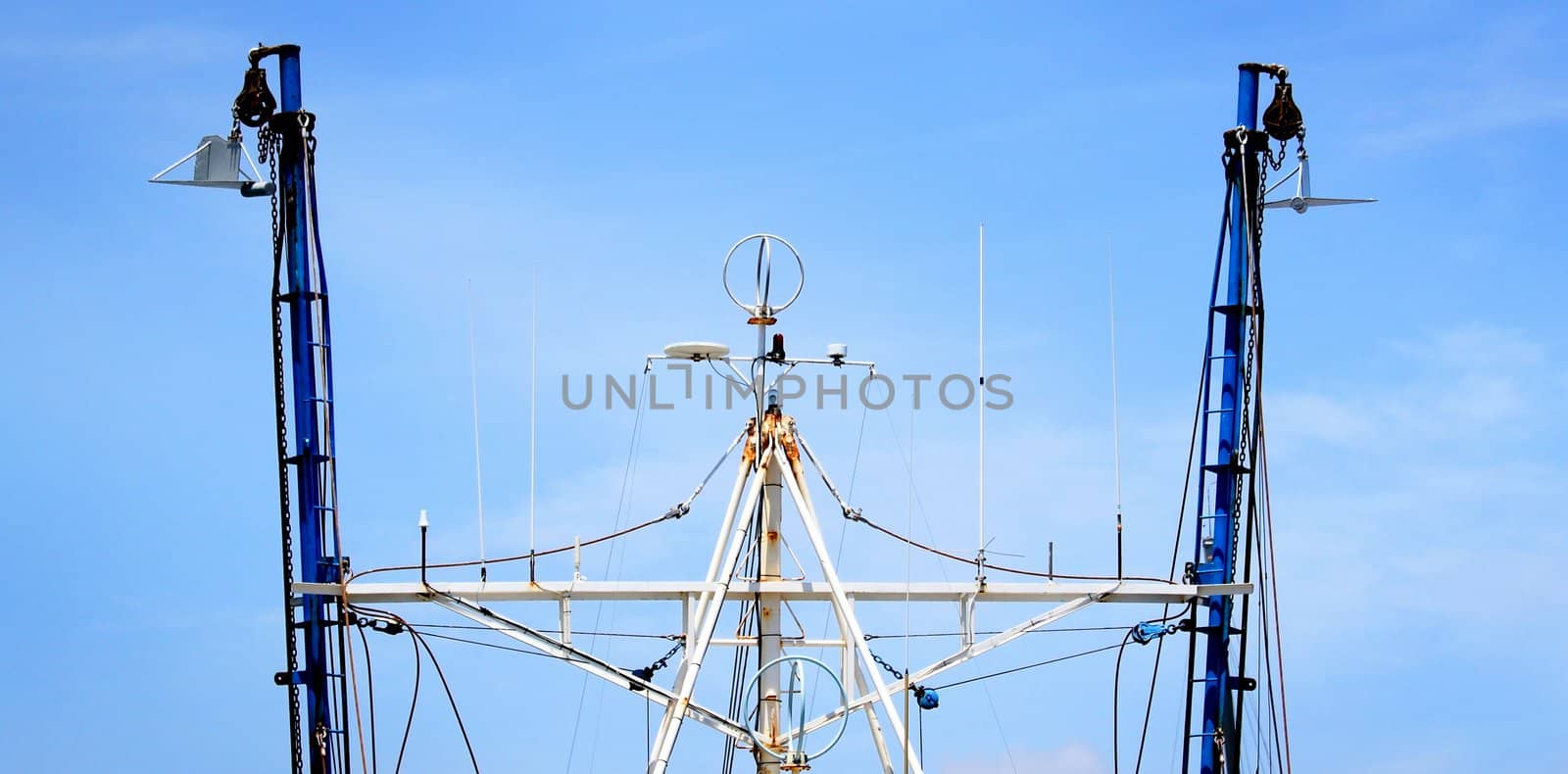 Top view of a fishing boat with rigging.