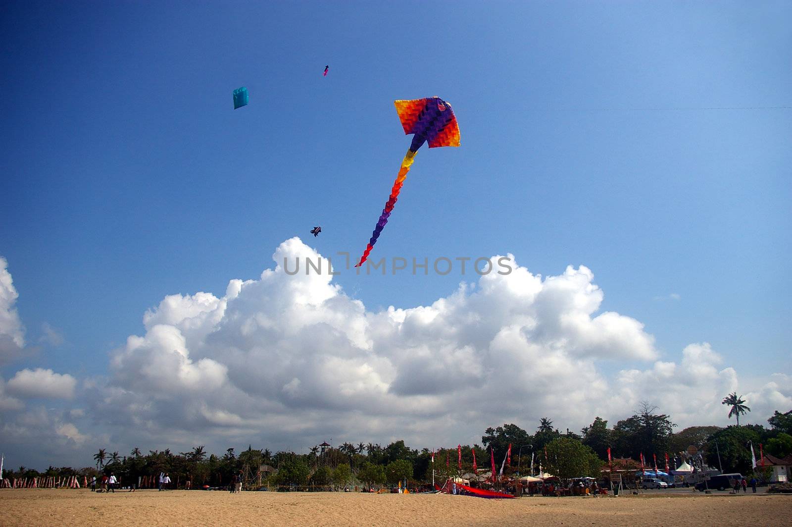 Kite flying over Sanur beach, Bali, Indonesia.