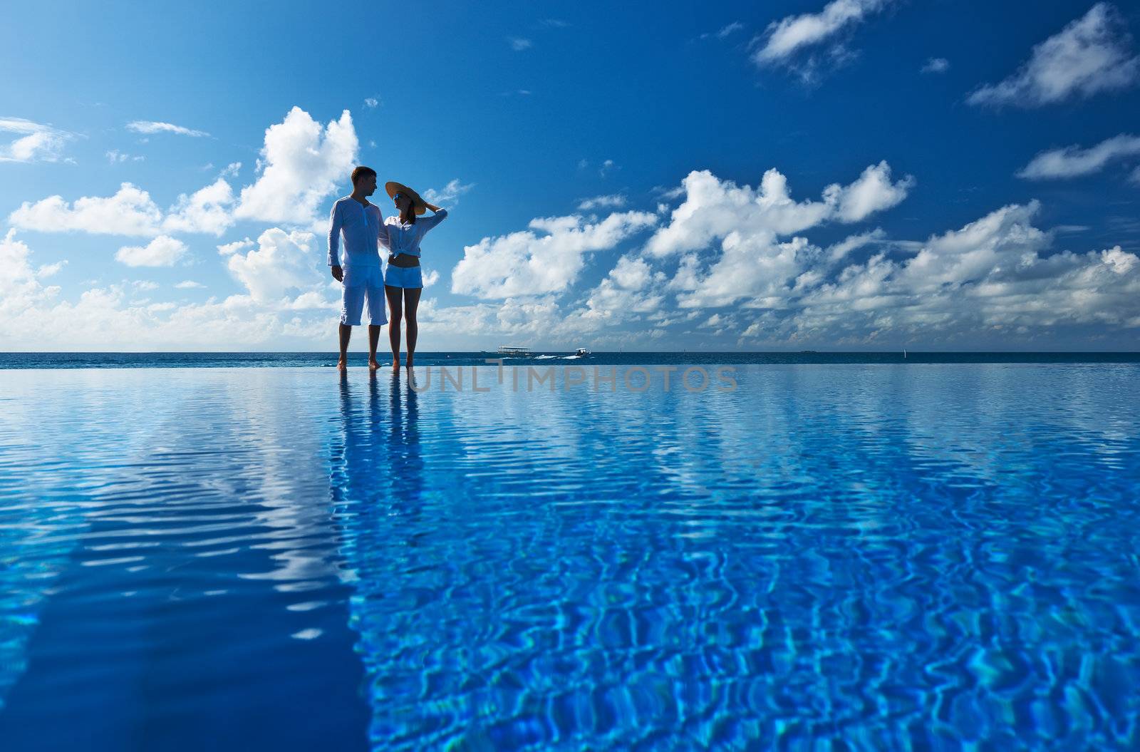 Couple at the poolside against sky