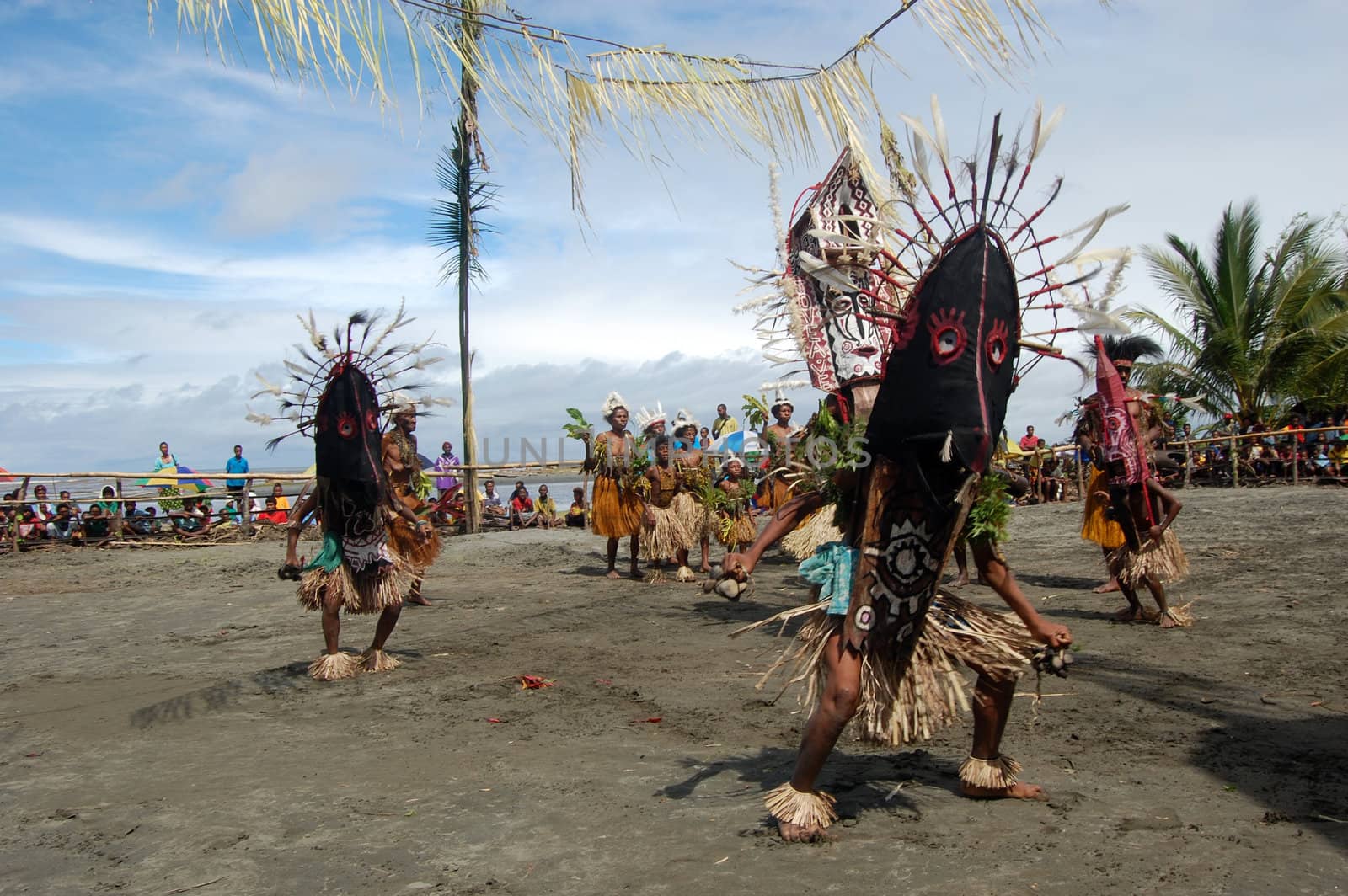 Traditional tribal dance at mask festival.
7th Gulf Mask Festival, Toare Village, Gulf Province, Papua New Guinea on June 19, 2011