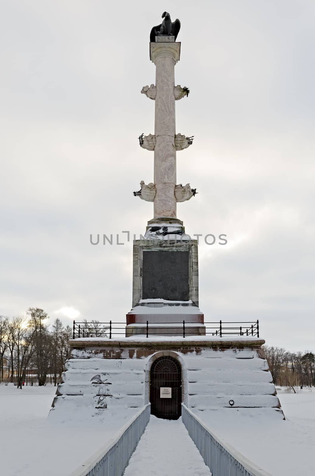 Chesme Column in Tsarskoye Selo commemorates three Russian naval victories in the Russo-Turkish War, 1768-1774, specifically the Battle of Chesma.