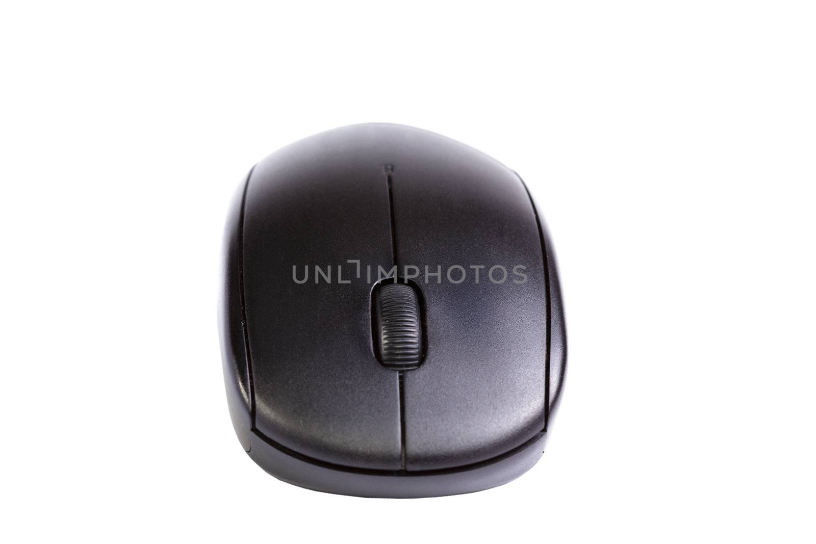 Black wireless computer mouse on a white background