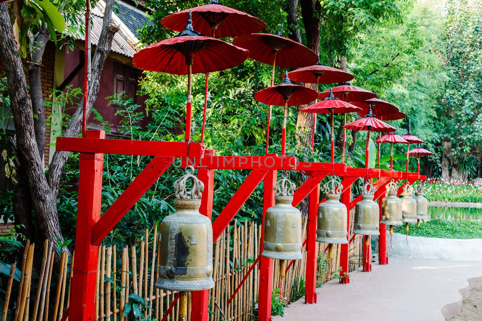 Row of bells at buddhist temple in chiang mai, thailand