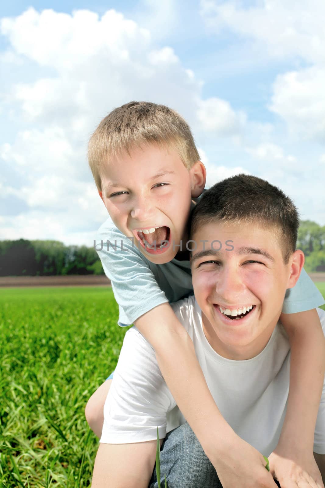 happy brothers in the summer field