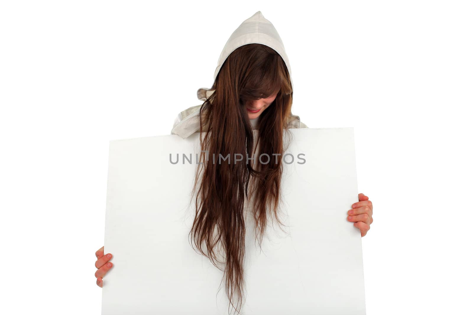 teenage girl with hidden face with blank papper isolated on the white