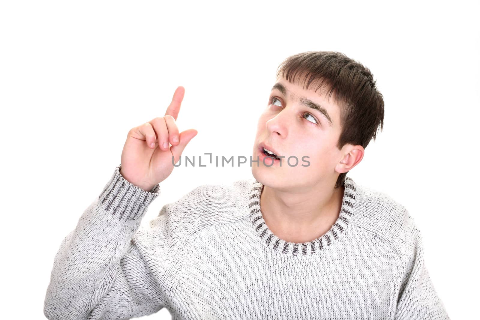 pensive young man with finger up isolated on the white