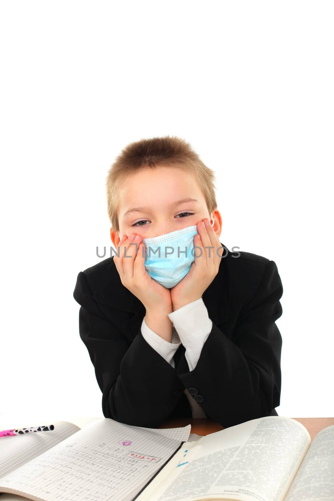 schoolboy in flu mask isolated on the white