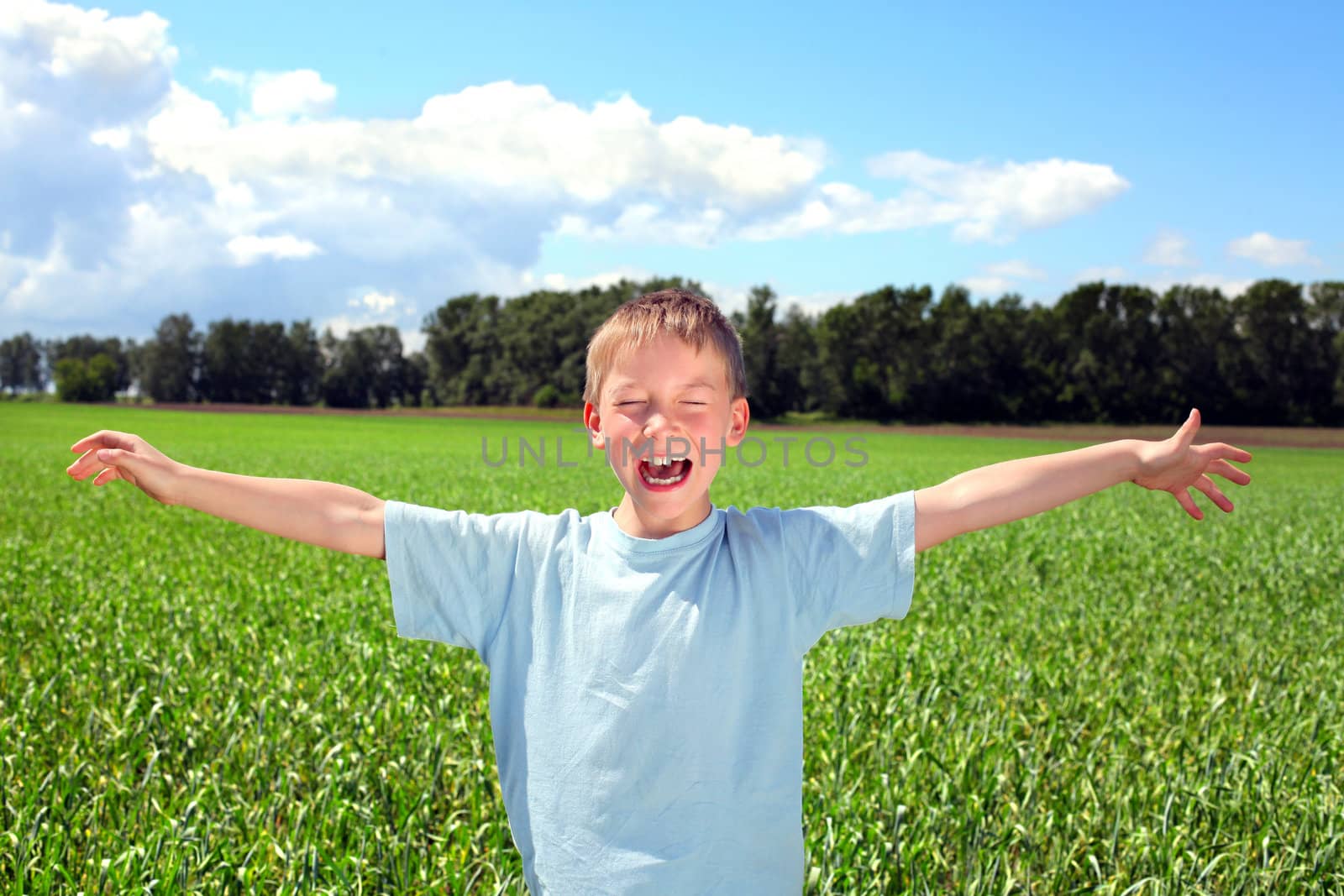 boy spread his hands in the summer field