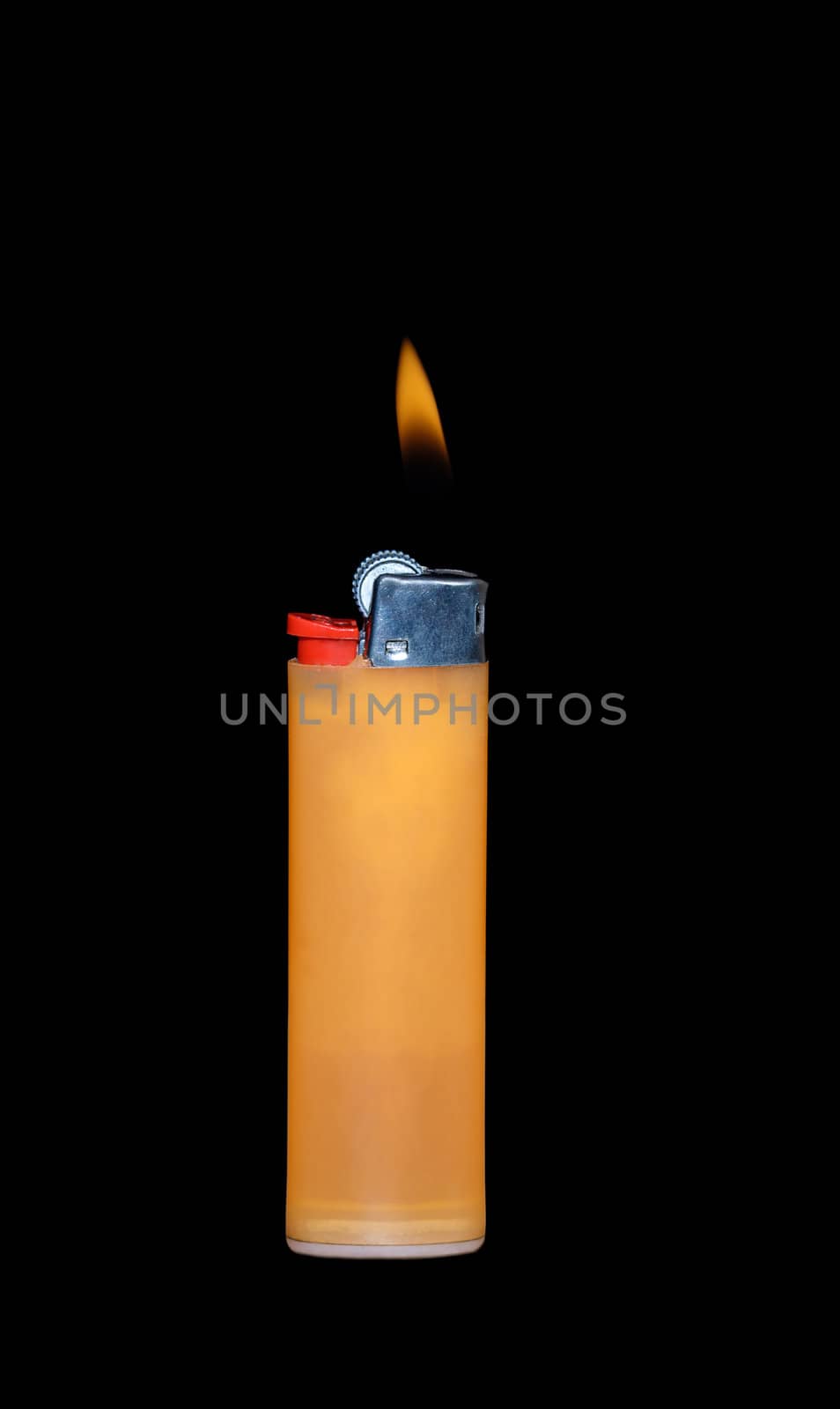 Lighter with burning flame. On black background.