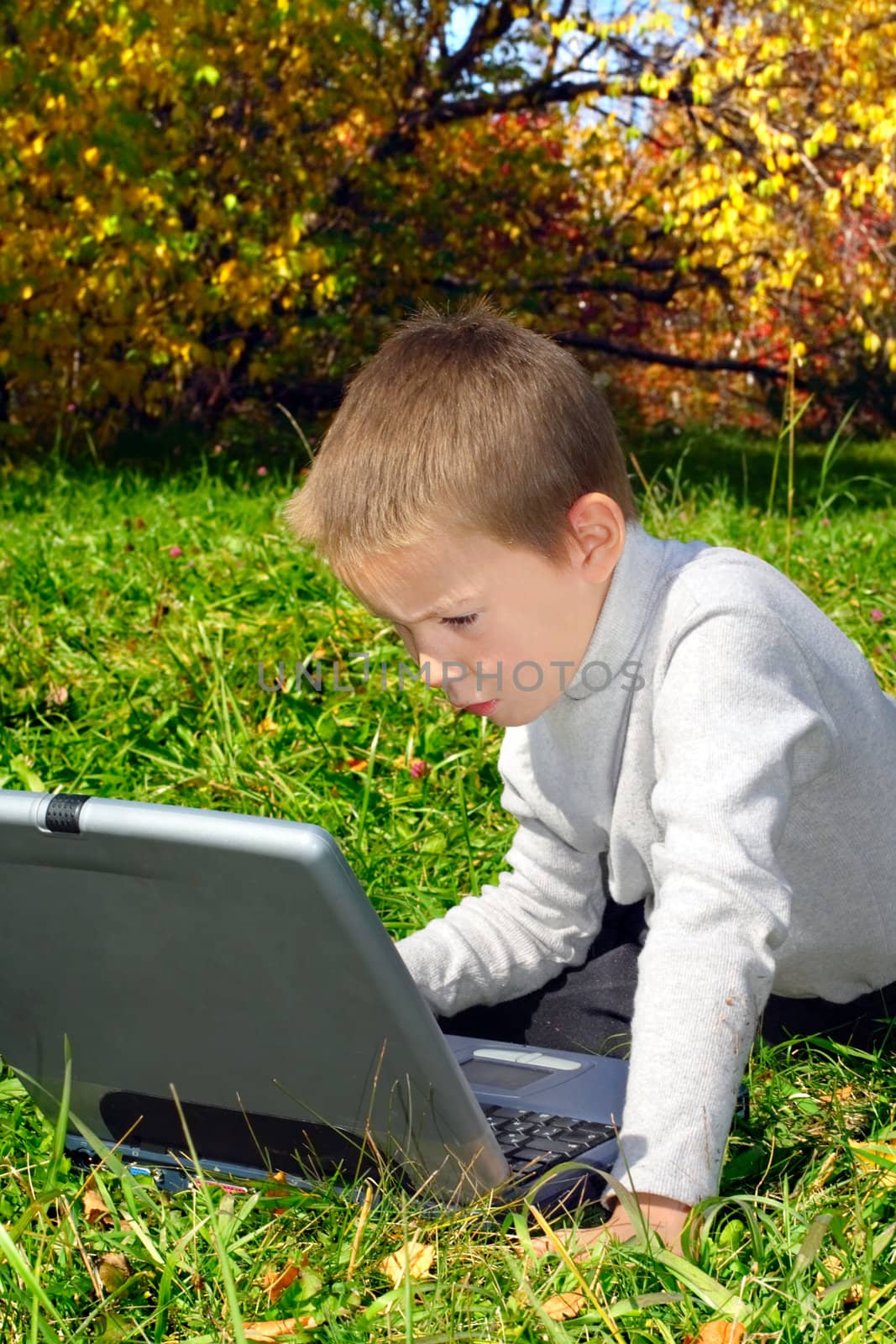 serious boy with notebook in the autumn park