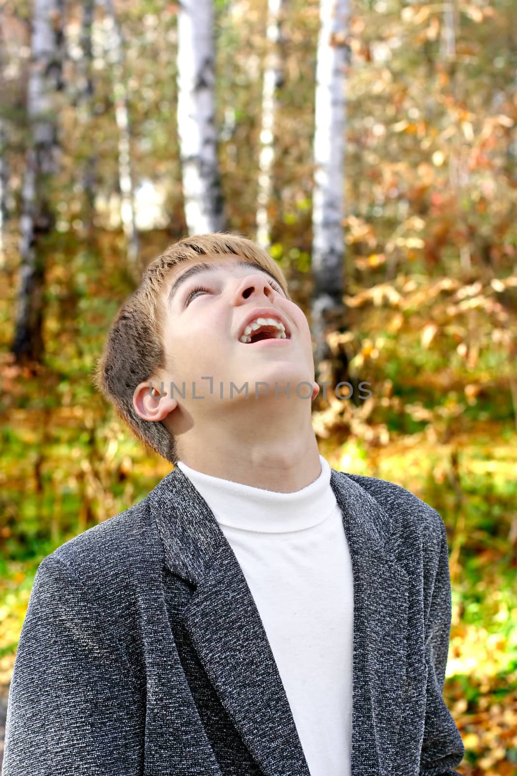 happy teenage boy looking up in the autumn park