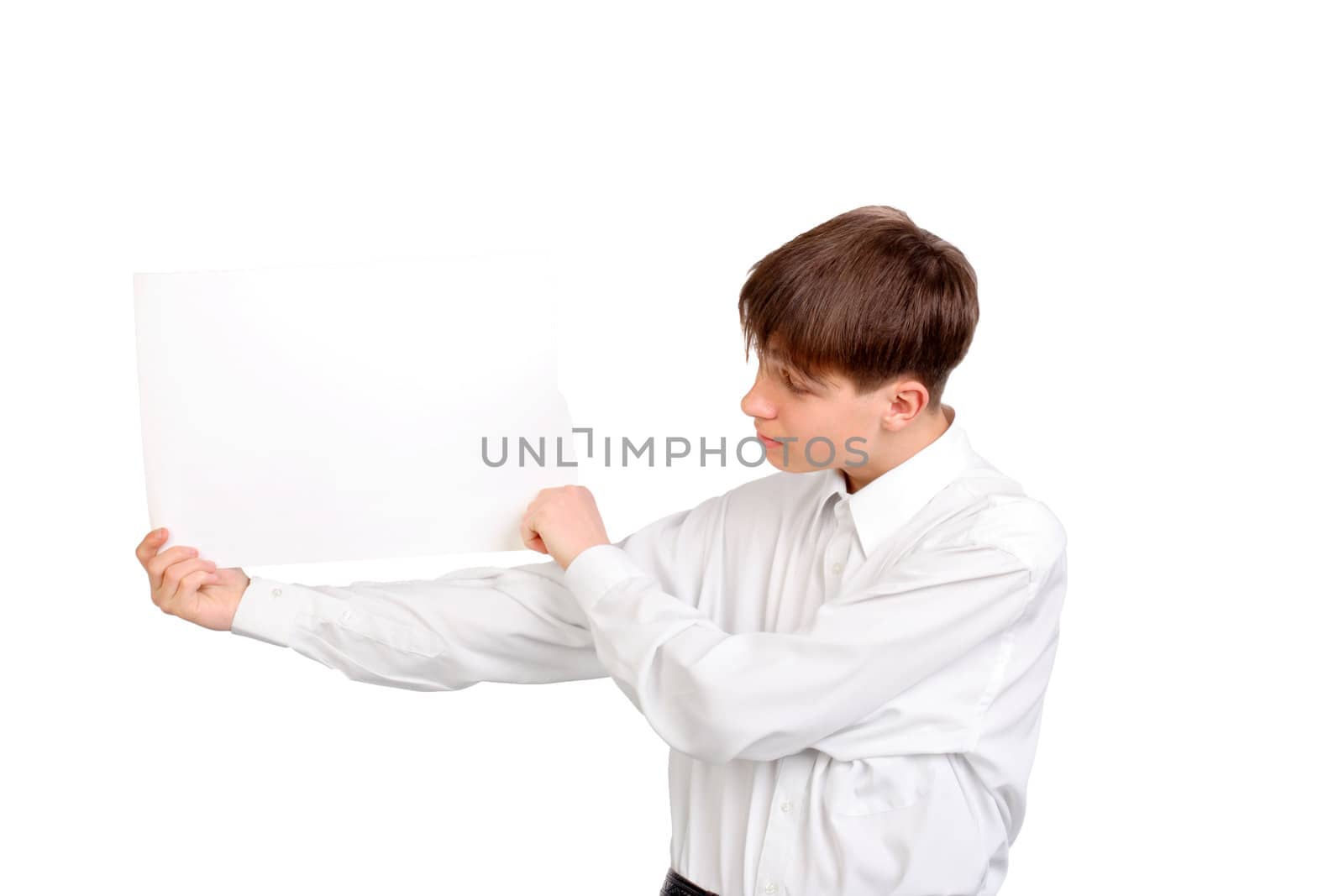 teenager holding blank paper isolated on the white background