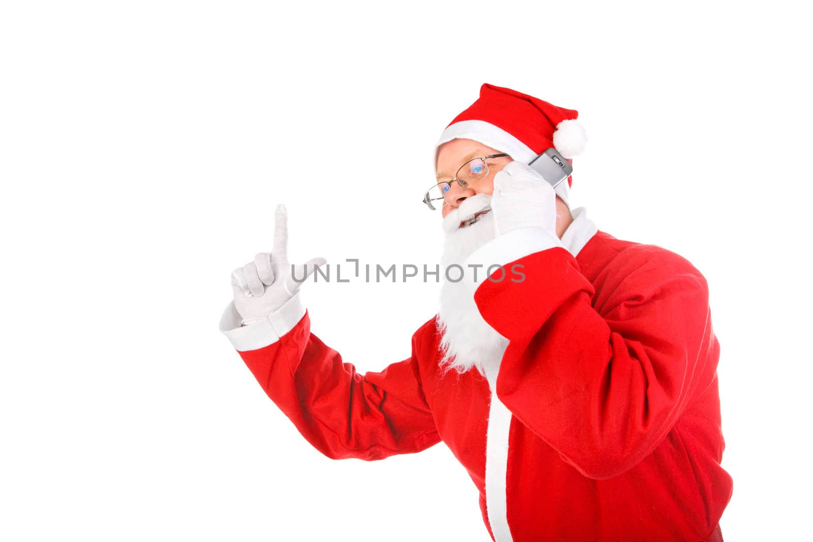 santa claus with mobile phone and finger up. isolated on the white background