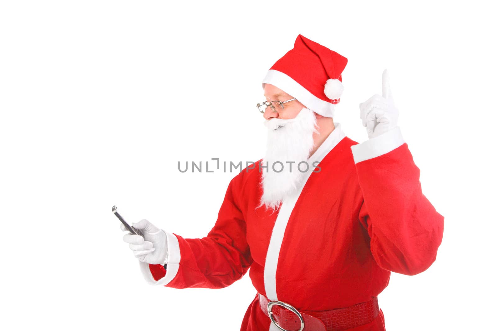 santa claus with mobile phone and finger up. isolated on the white background