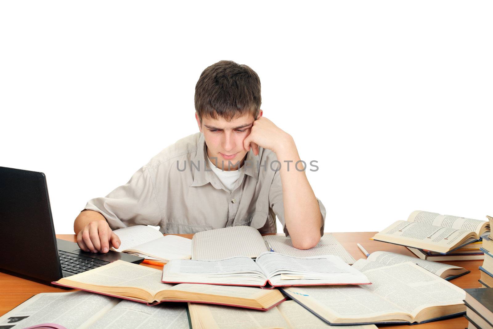 bored and tired student after hard work. isolated on the white background