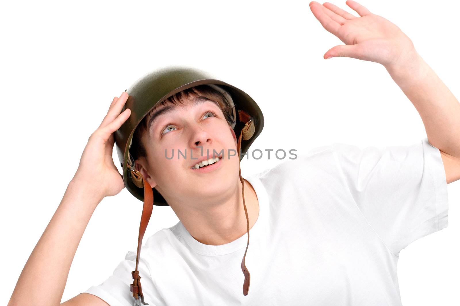 teenager in a military helmet isolated on the white background