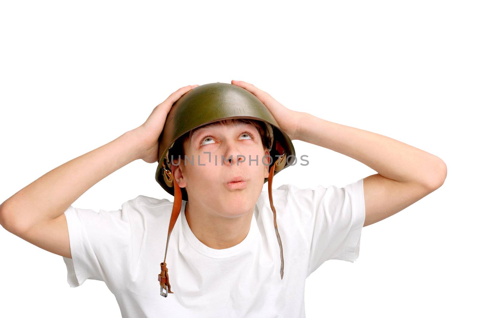 teenager in a military helmet isolated on the white background